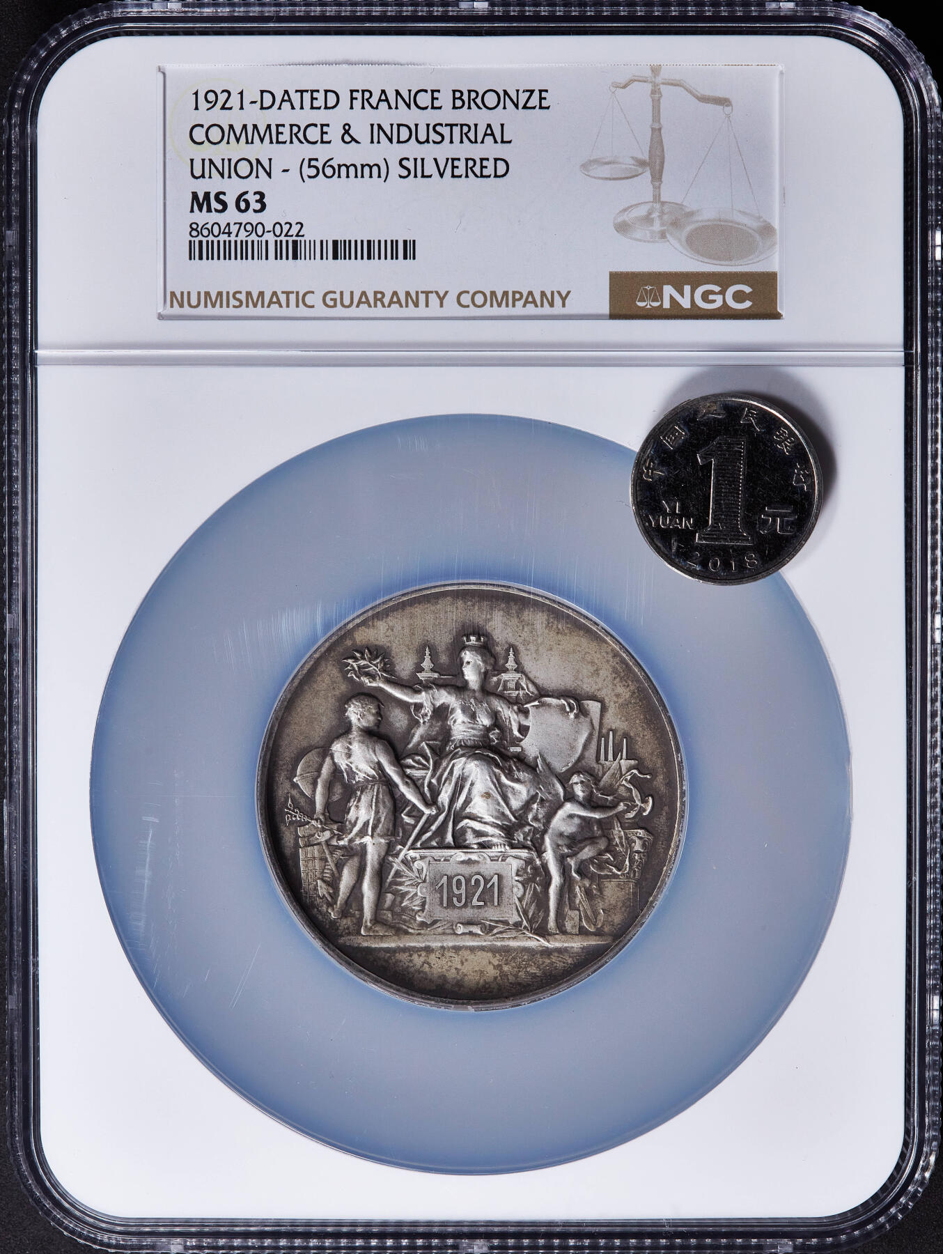 【俄甄集藏】2025年(045)12-03 星期三 晚 19:30 全场包邮 法国1921年法兰西女神造像纪念巴黎工商业联盟镀银铜质奖章，NGC MS63，授予工商业领域贡献者L·德洛特，直径：56mm，原味老包浆，设计精美
