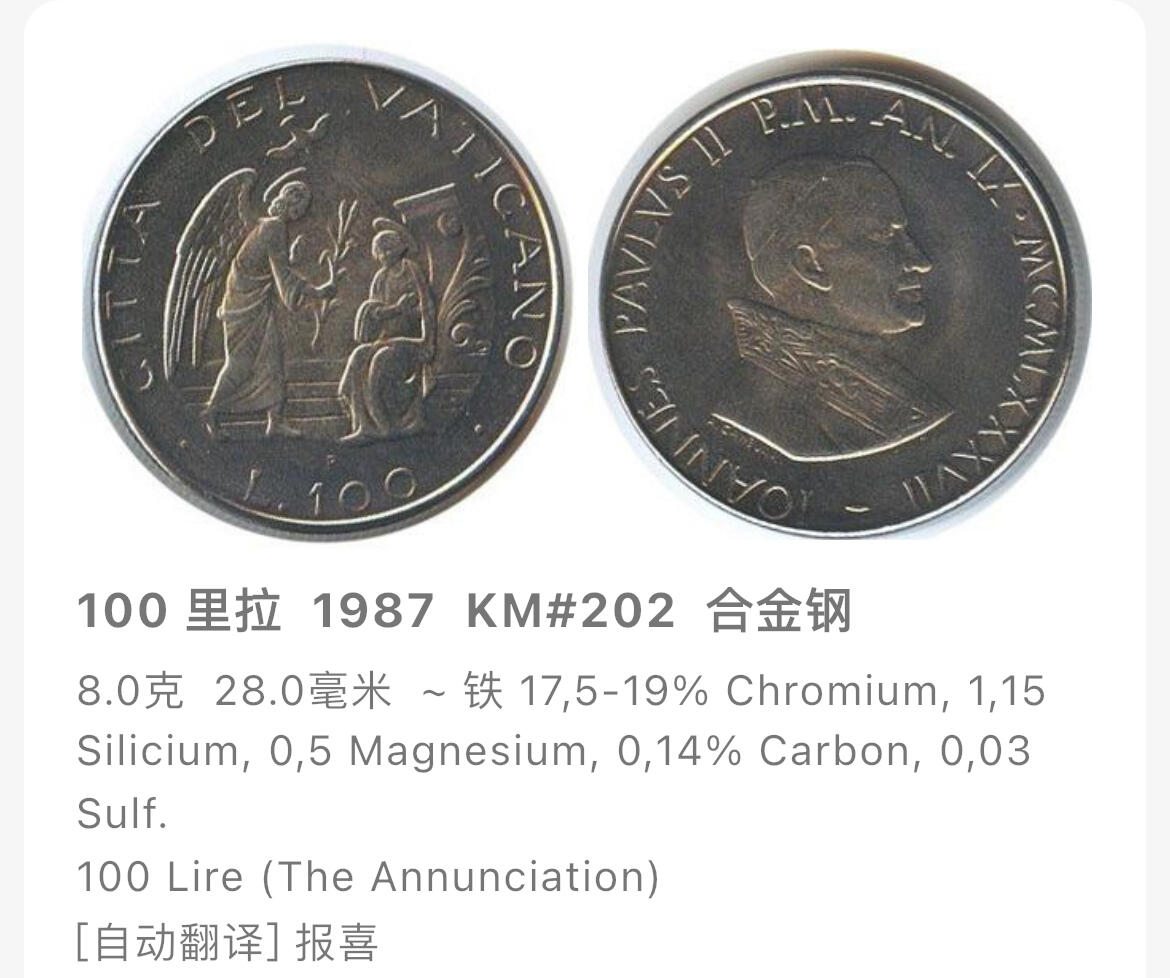 回流1130 全新 梵蒂冈1987年100里拉 天使报喜/教皇保罗二世