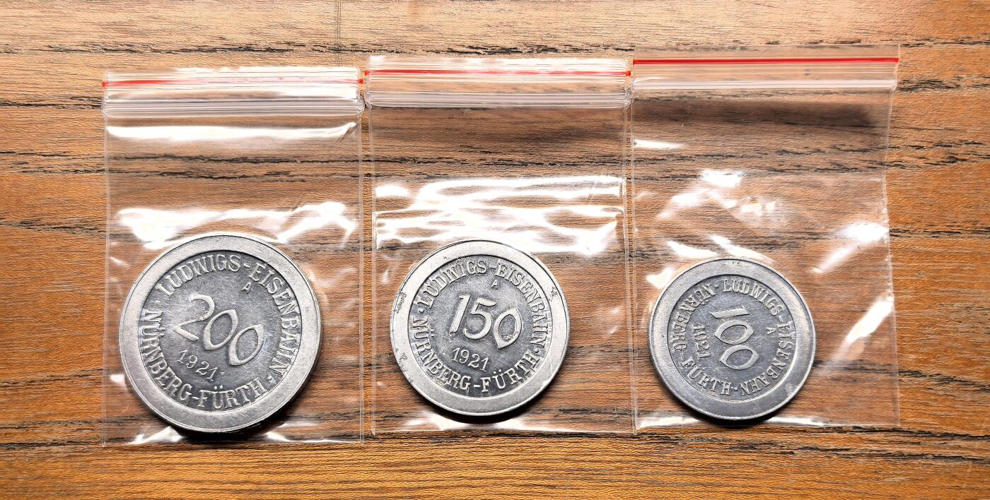 纫秋兰以为佩·凡希社微拍感恩专场 1921德紧纽伦堡-菲尔特200/150/100马克三枚一组BU，真正的原光未流通品相！