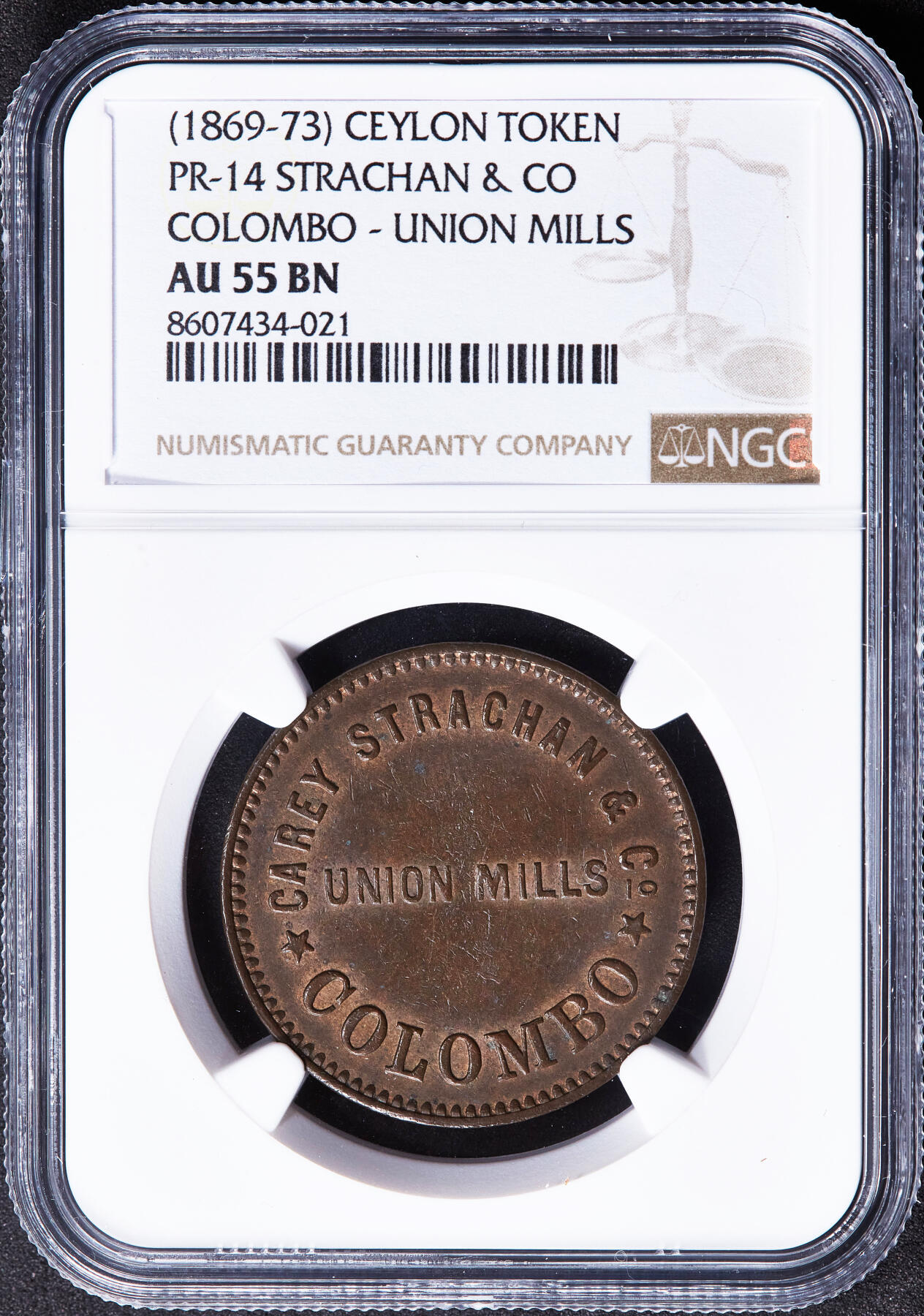 【俄甄集藏】2025年(045)12-03 星期三 晚 19:30 全场包邮 英属锡兰1863-1873年科伦坡磨坊1分代用铜币，NGC AU55，原铜色，底光犹存，热门品种
