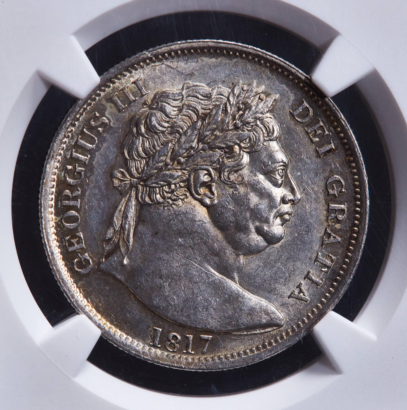 【俄甄集藏】2025年(045)12-03 星期三 晚 19:30 全场包邮 英国1817年乔治三世牛头半克朗银币，NGC MS63，黄油五彩转光品相，名誉品种