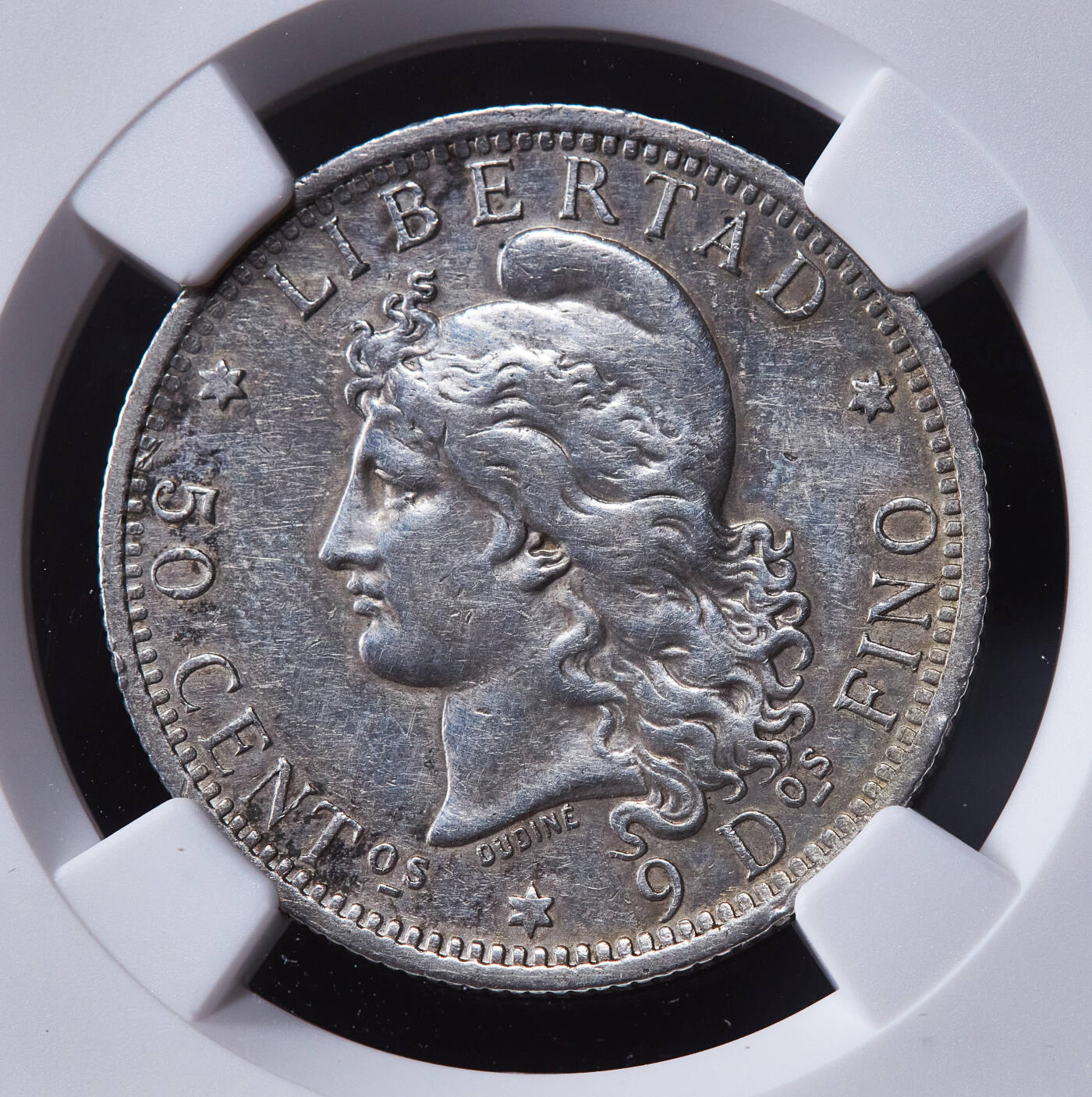 【俄甄集藏】2025年(045)12-03 星期三 晚 19:30 全场包邮 阿根廷1883年女神版50分银币，NGC XFD，黄油彩包浆