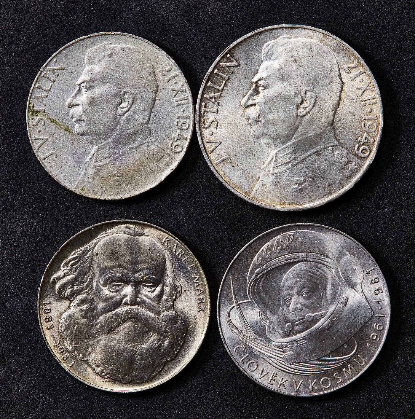 【俄甄集藏】2025年(045)12-03 星期三 晚 19:30 全场包邮 捷克斯洛伐克1949-1983年银币4枚一组，斯大林大寿、马克思诞辰、人类太空探索20周年，含纯银21克