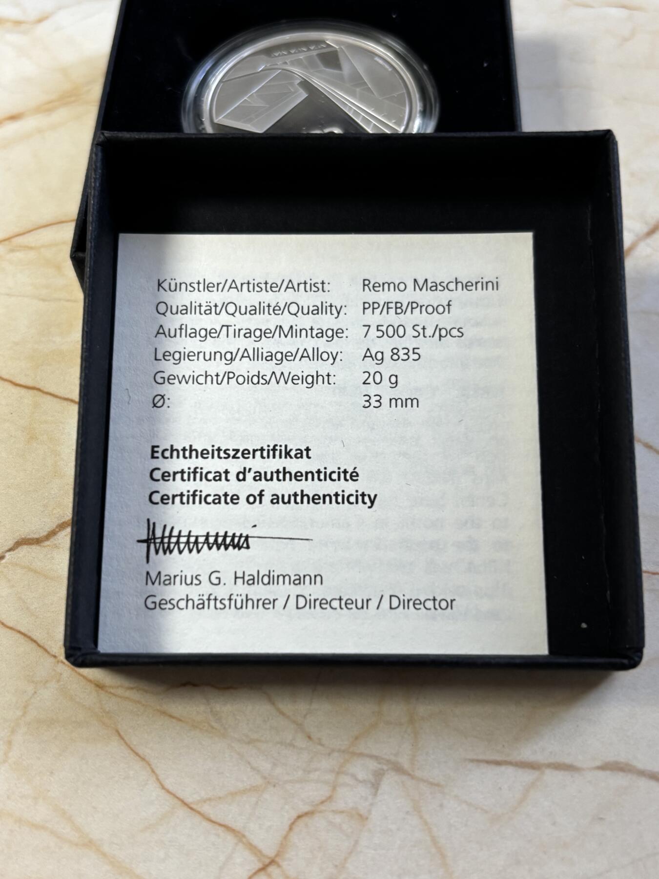 第183期拍卖 瑞士2020年穿越阿尔卑斯山的新铁路精制银币，835银，20克，发行7500枚，有氧化