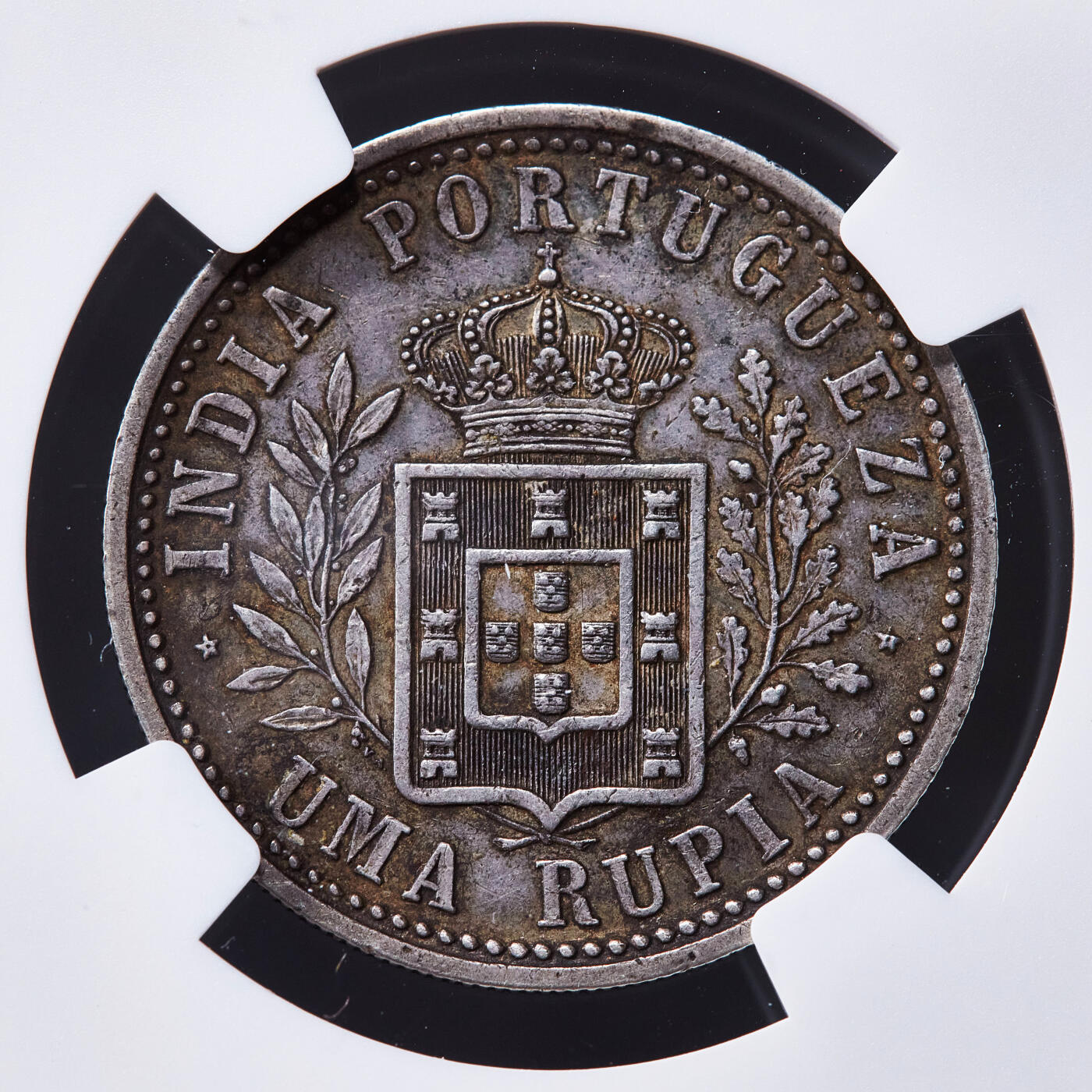 【俄甄集藏】2025年(045)12-03 星期三 晚 19:30 全场包邮 葡属印度1903年卡洛斯一世1卢比银币，NGC AU50，黄油酱彩原味包浆