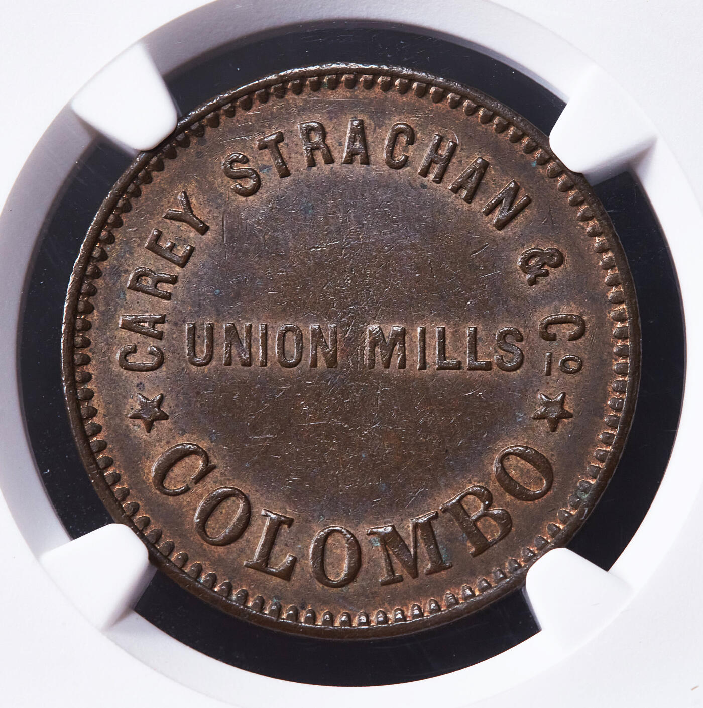 【俄甄集藏】2025年(045)12-03 星期三 晚 19:30 全场包邮 英属锡兰1863-1873年科伦坡磨坊1分代用铜币，NGC AU55，原铜色，底光犹存，热门品种