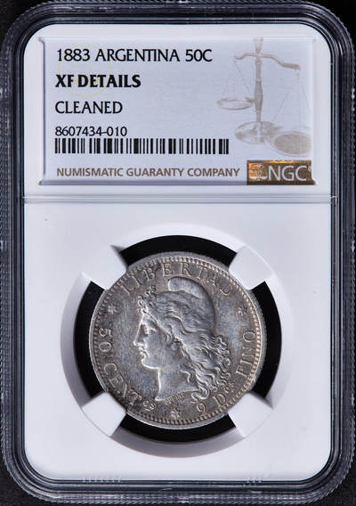 【俄甄集藏】2025年(045)12-03 星期三 晚 19:30 全场包邮 - 阿根廷1883年女神版50分银币，NGC XFD，黄油彩包浆