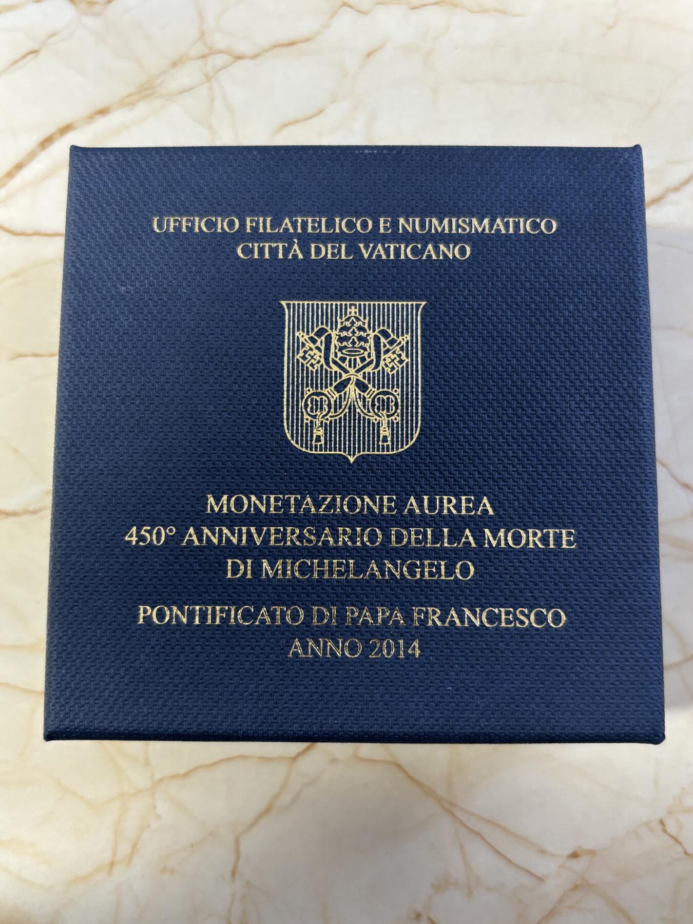 第183期拍卖 梵蒂冈2014年文艺复兴米开朗基罗逝世纪念金币，917金，6克，发行2400枚，有氧化点