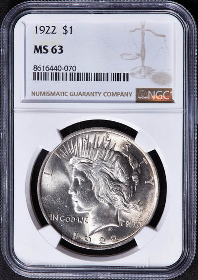 【俄甄集藏】2025年(045)12-03 星期三 晚 19:30 全场包邮 - 美国1922年和平1美元大银币，NGC MS63，黄油彩包浆，车轮转光
