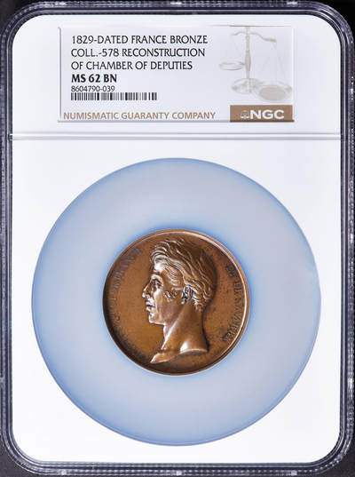 【俄甄集藏】2025年(045)12-03 星期三 晚 19:30 全场包邮 - 法国1829年查理十世头像纪念国民议会会议厅重建大铜章，NGC MS62，巧克力包浆，设计师盖拉尔作品，直径：50mm，少见品种