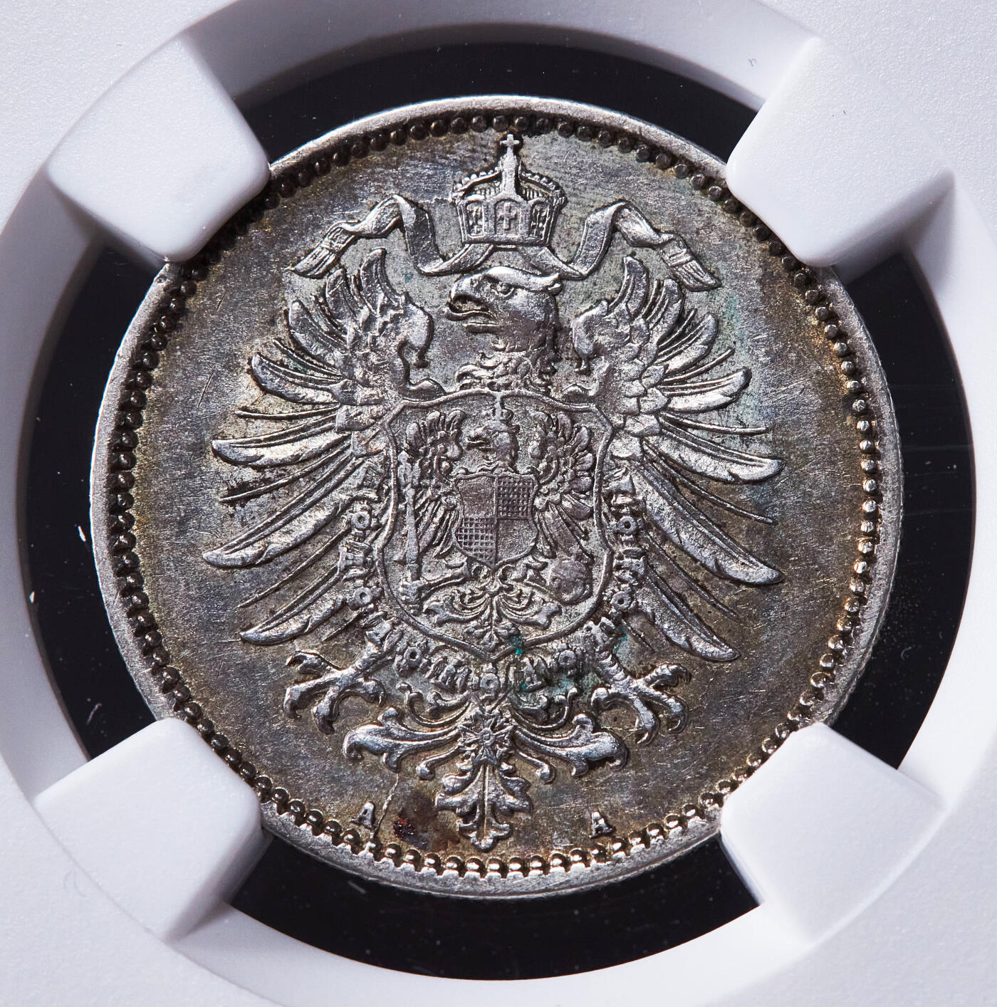 【俄甄集藏】2025年(045)12-03 星期三 晚 19:30 全场包邮 德国1875年A版短翅1马克芬尼银币，NGC AUD，黄油彩原光品相