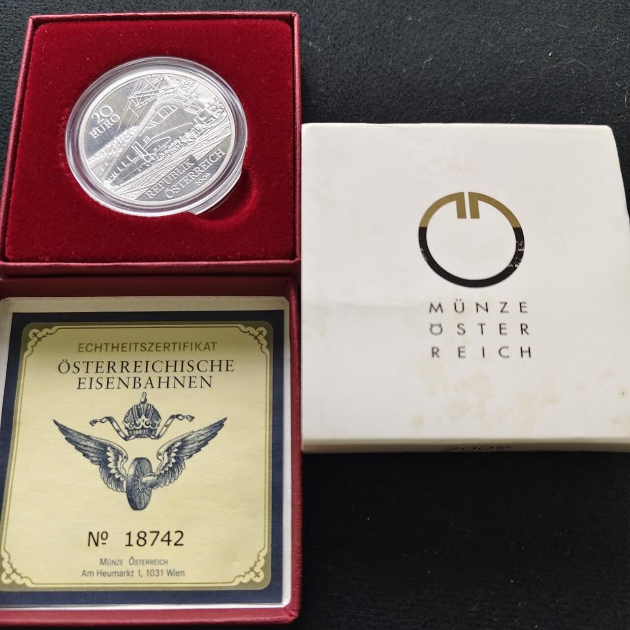【全场包邮】纯粹捡漏拍483场（免费代拍第20场） 奥地利2009年20欧元未来的铁路纪念银币-盒证全
