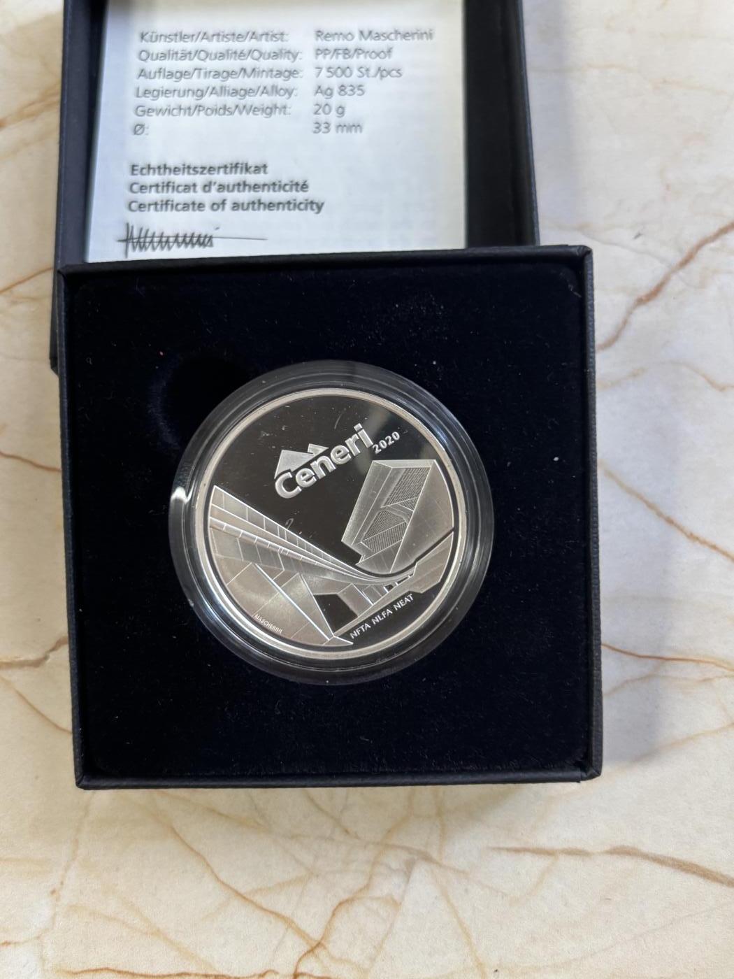 第183期拍卖 瑞士2020年穿越阿尔卑斯山的新铁路精制银币，835银，20克，发行7500枚，有氧化