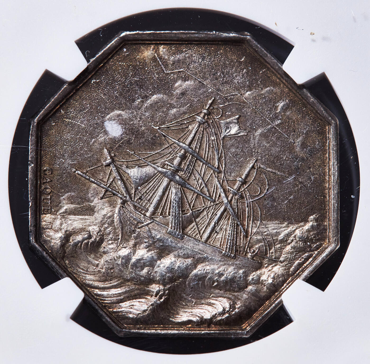 【俄甄集藏】2025年(045)12-03 星期三 晚 19:30 全场包邮 法国1836年海妖梳妆银质八角代用币章（美人鱼打网球），NGC MS61，名誉品，八角目录封面，油灯边铭，黄油酱彩老包浆