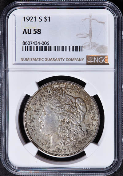 【俄甄集藏】2025年(045)12-03 星期三 晚 19:30 全场包邮 - 美国1921年摩根1美元大银币，NGC AU58，黄油彩包浆，原光品相