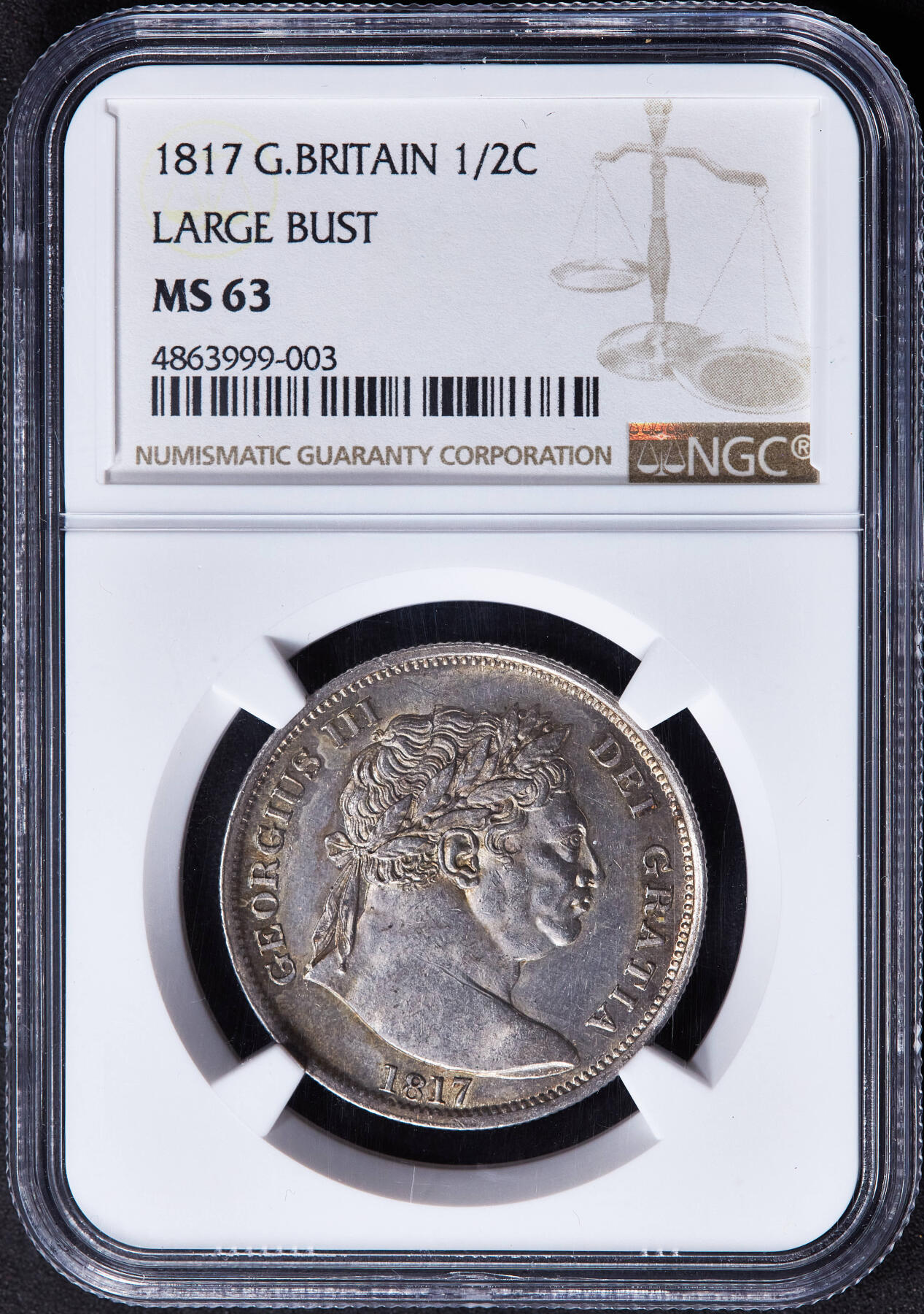 【俄甄集藏】2025年(045)12-03 星期三 晚 19:30 全场包邮 英国1817年乔治三世牛头半克朗银币，NGC MS63，黄油五彩转光品相，名誉品种