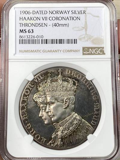 万国钱币拍卖第056期 - NGC MS63 1906年挪威哈康七世和莫德女王在特隆赫姆大教堂加冕纪念大银章 火烧云彩教堂景观镜面精铸北欧皇室加冕罕见收藏级名品