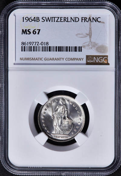 【俄甄集藏】2025年(045)12-03 星期三 晚 19:30 全场包邮 - 瑞士1964年B版1法郎银币，NGC MS67，顶级车轮转光