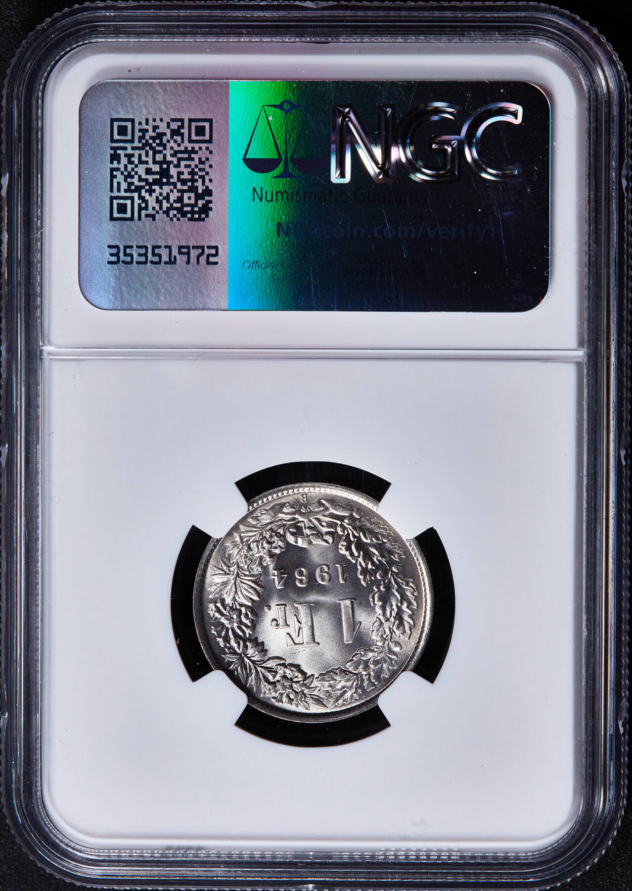 【俄甄集藏】2025年(045)12-03 星期三 晚 19:30 全场包邮 瑞士1964年B版1法郎银币，NGC MS67，顶级车轮转光