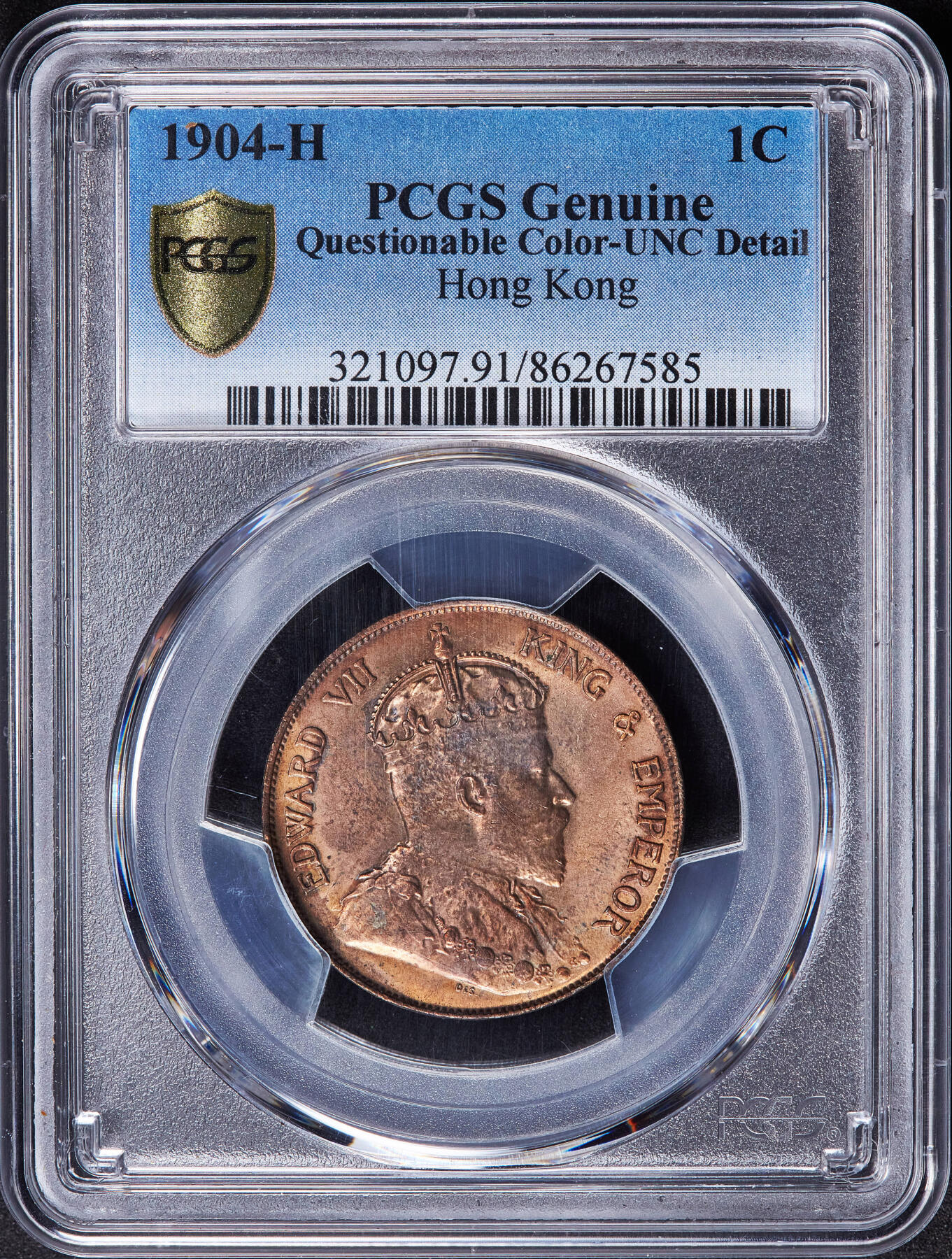 【俄甄集藏】2025年(045)12-03 星期三 晚 19:30 全场包邮 英属香港1904年爱德华七世H版大1分铜币，PCGS UNCD，原铜光，转光品相，疑似错杀