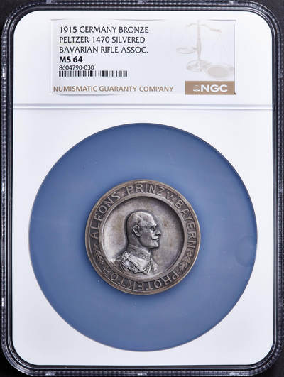 【俄甄集藏】2025年(045)12-03 星期三 晚 19:30 全场包邮 - 德国巴伐利亚1915年阿尔方斯亲王头像巴伐利亚射击协会纪念大银章，NGC MS64，高浮雕，设计精美，原味包浆，稀少品种，直径：50mm，章是银的，不是镀银，标签错误