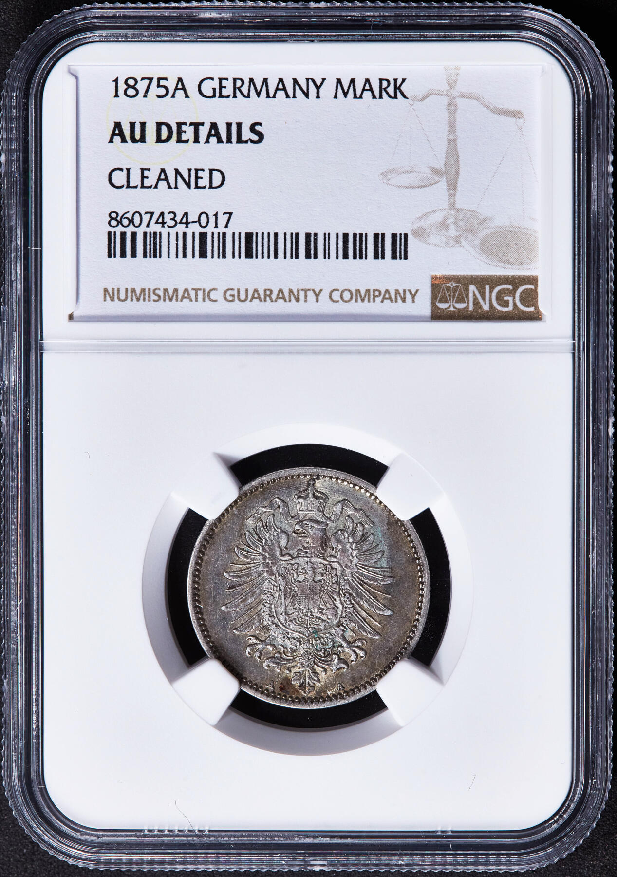【俄甄集藏】2025年(045)12-03 星期三 晚 19:30 全场包邮 德国1875年A版短翅1马克芬尼银币，NGC AUD，黄油彩原光品相