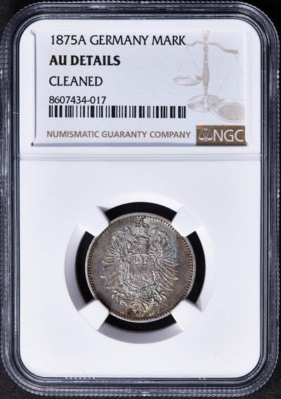 【俄甄集藏】2025年(045)12-03 星期三 晚 19:30 全场包邮 - 德国1875年A版短翅1马克芬尼银币，NGC AUD，黄油彩原光品相