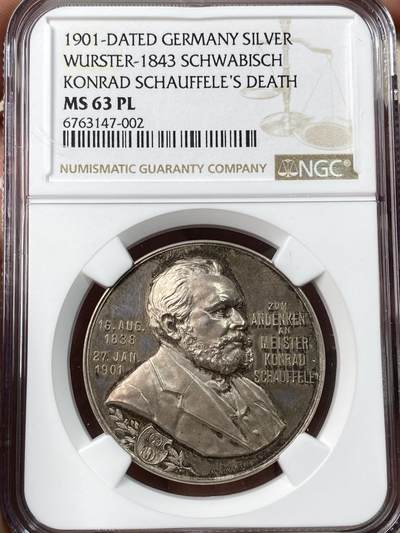 万国钱币拍卖第056期 - NGC MS63PL 1901年德国施瓦本哈尔康拉德·舒费勒逝世景观纪念银章 原味火烧云五彩倒影包浆顶级类镜面精致 施瓦本哈尔城市景观第一次出现在章牌上