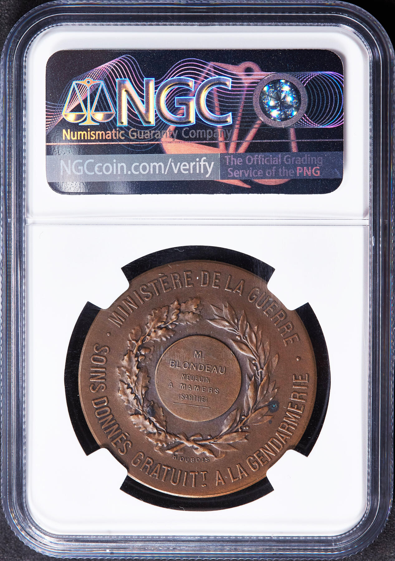 【俄甄集藏】2025年(045)12-03 星期三 晚 19:30 全场包邮 法国19世纪玛丽安娜头像战争部颁发军事准备公益医疗铜质奖章，NGC MS63，巧克力包浆，丰饶角铭，直径：36mm，授予布隆多医生，表彰其向宪兵队提供免费医疗服务