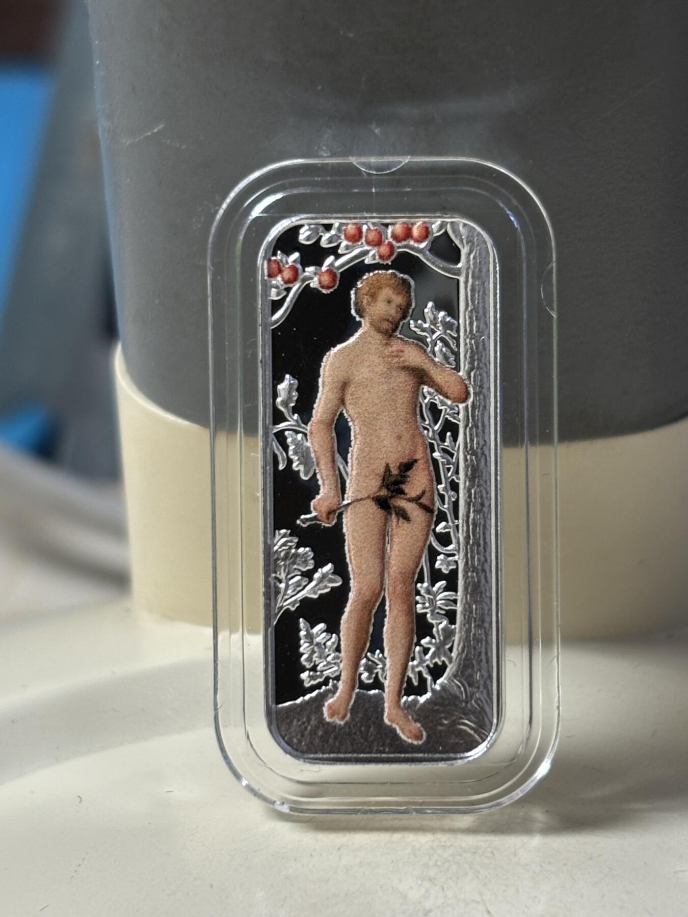 第183期拍卖 喀麦隆2018伊甸园亚当和夏娃彩印条形组合银币，999银，10克*2，发行999套