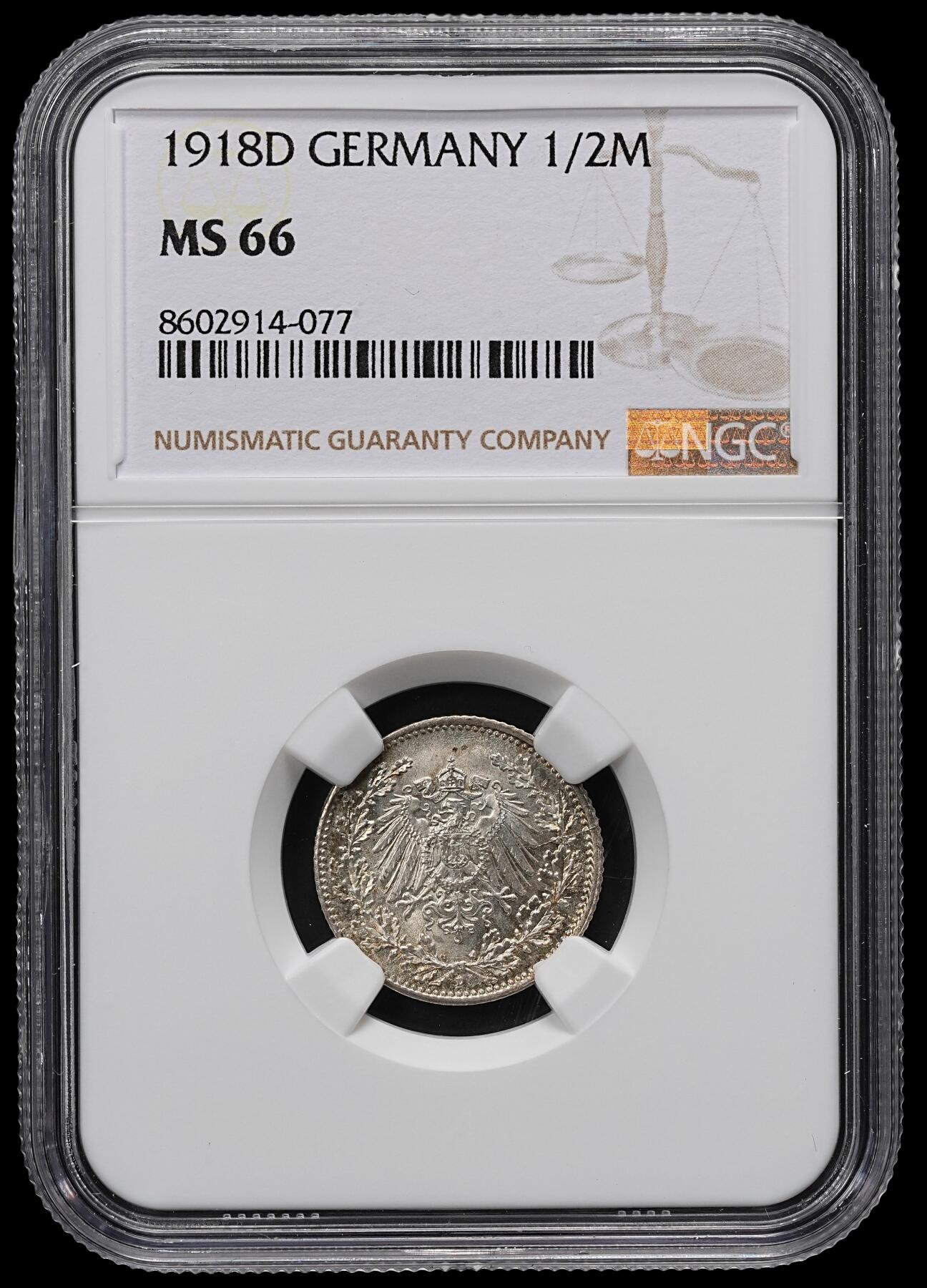 修遠堂世界钱币第九十五期 NGC MS66 1918年德国1/2马克银币 D厂铭
