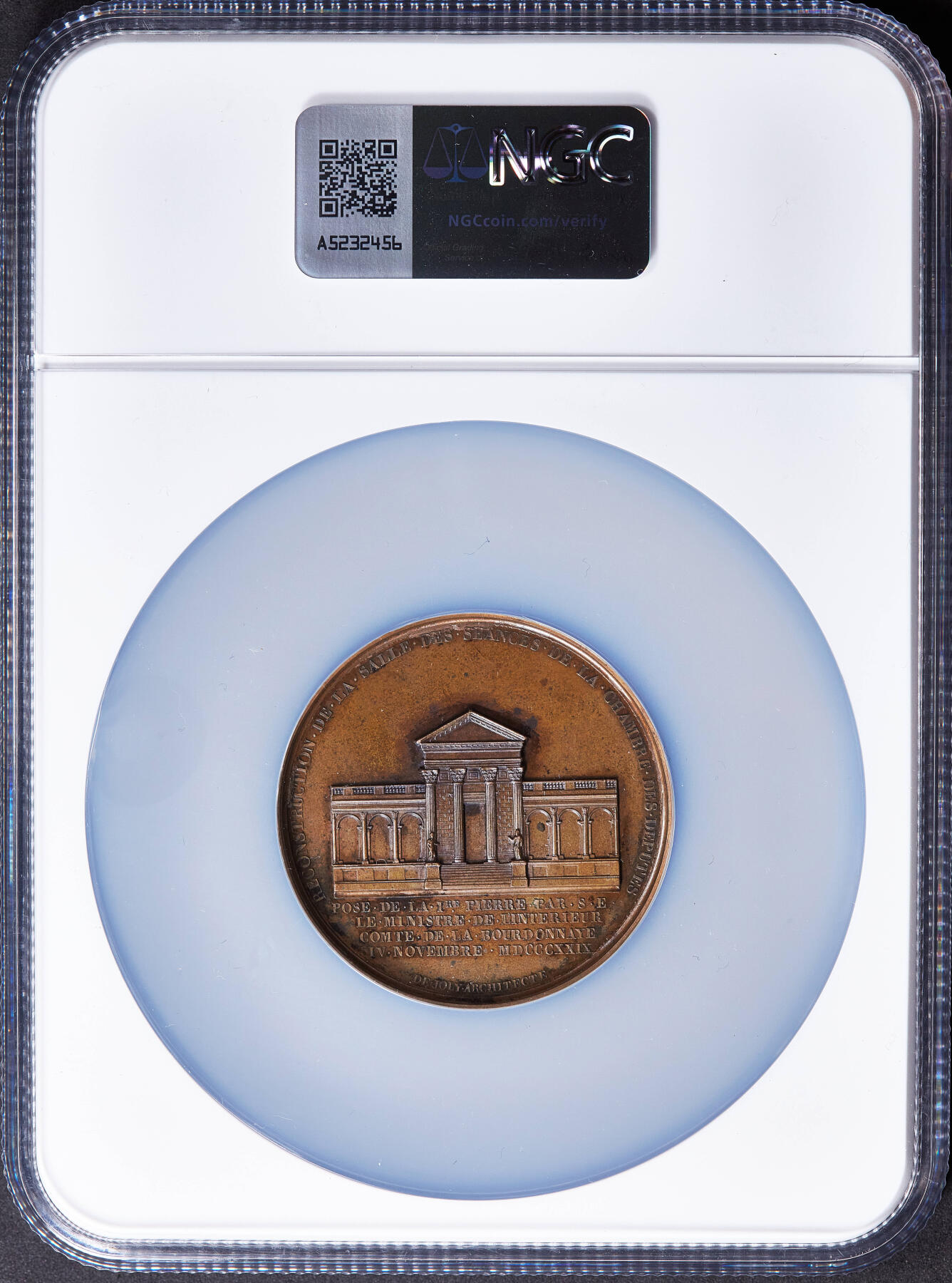 【俄甄集藏】2025年(045)12-03 星期三 晚 19:30 全场包邮 法国1829年查理十世头像纪念国民议会会议厅重建大铜章，NGC MS62，巧克力包浆，设计师盖拉尔作品，直径：50mm，少见品种