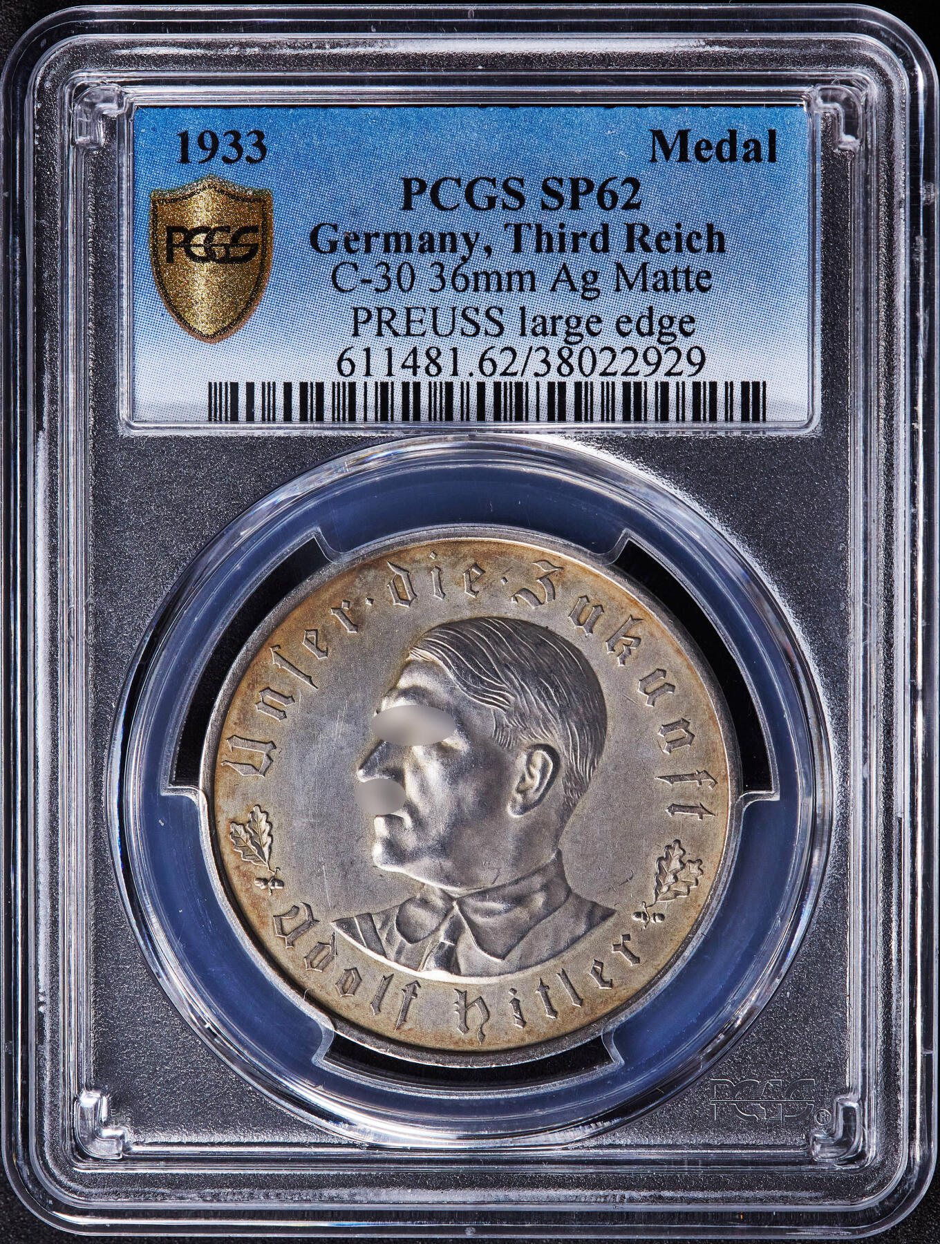【俄甄集藏】2025年(045)12-03 星期三 晚 19:30 全场包邮 德国第三帝国1933年总理执政纪念锁链鹰银章，PCGS SP62，黄油彩原味状态，原图联系客服或前往对应官网进行查询