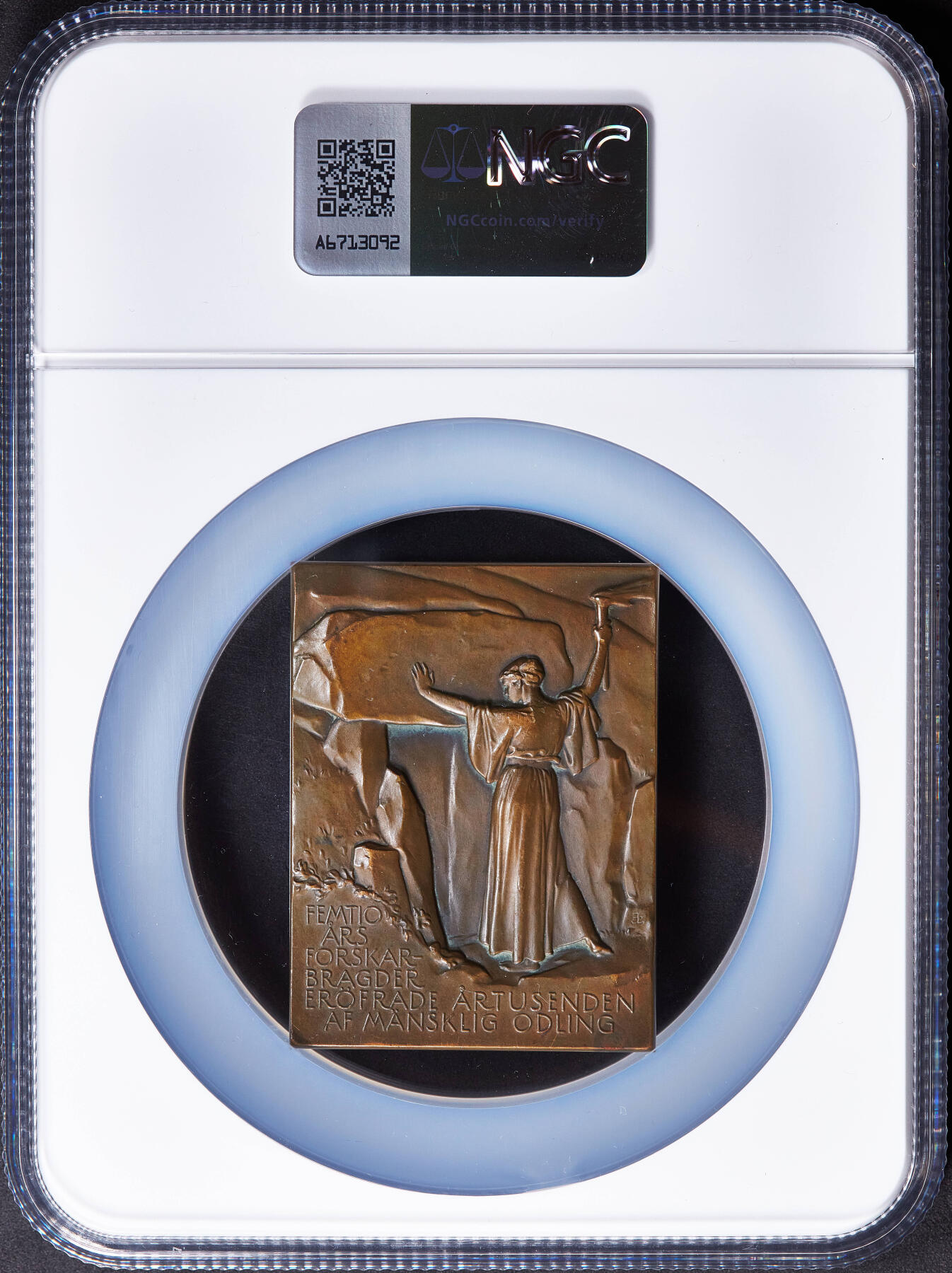 【俄甄集藏】2025年(045)12-03 星期三 晚 19:30 全场包邮 瑞典1913年纪念考古学家、国家博物馆馆长奥斯卡·蒙特柳斯退休卸任方形大铜章，NGC MS62，巧克力包浆，尺寸：63mm×48mm，名家林德伯格作品