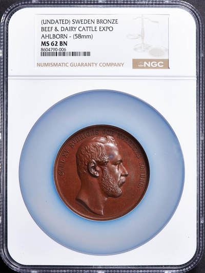 【俄甄集藏】2025年(045)12-03 星期三 晚 19:30 全场包邮 - 瑞典1859-1872年卡尔十五世头像纪念肉牛与奶牛养殖畜牧业博览会大铜章，NGC MS62，高浮雕，巧克力包浆，名家林德伯格作品，直径58mm