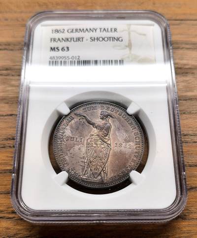 纫秋兰以为佩·凡希社微拍感恩专场 - 1862德国法兰克福射击节纪念泰勒NGC-MS63，传世五彩，养眼的紫罗兰包浆，颇具个性！