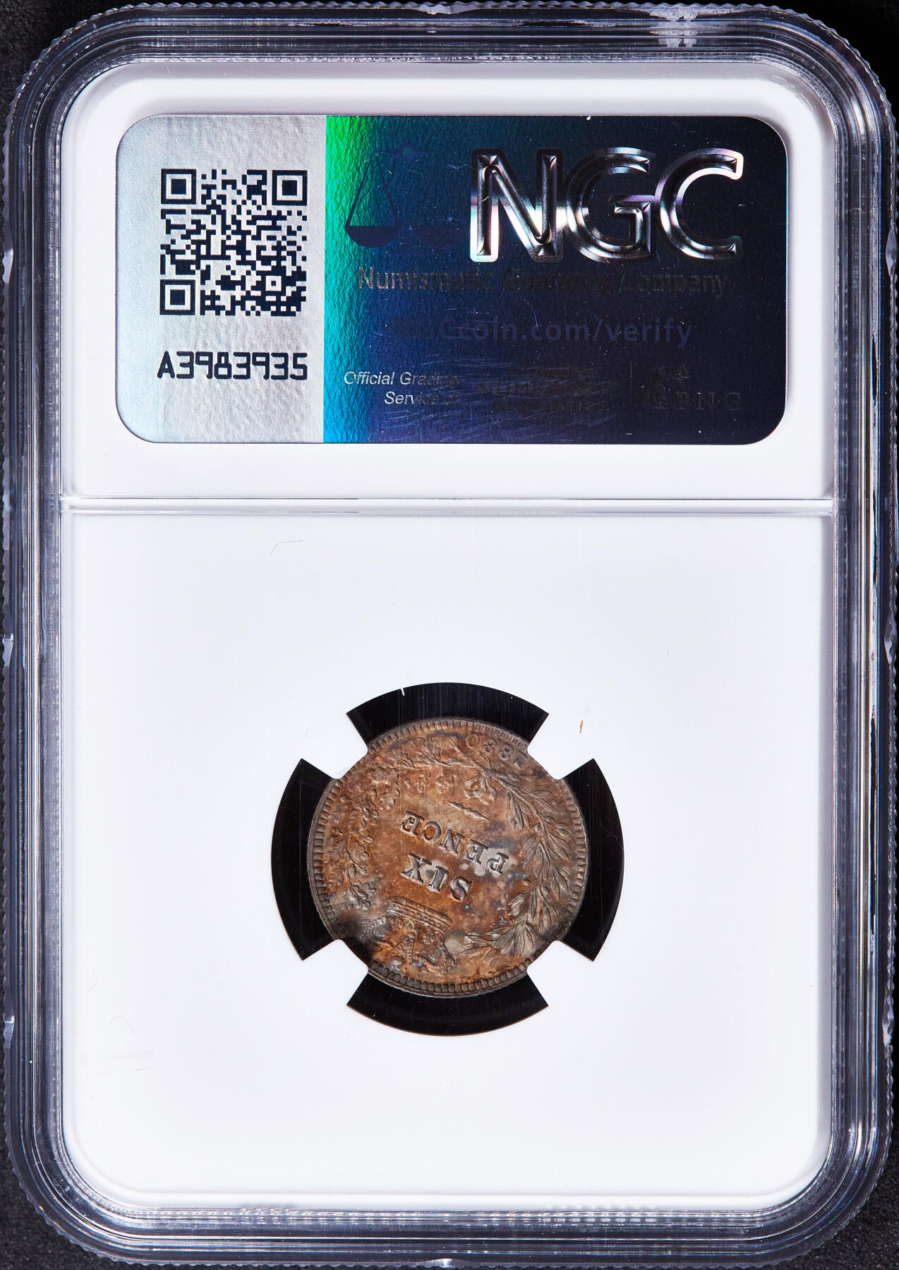 【俄甄集藏】2025年(045)12-03 星期三 晚 19:30 全场包邮 英国1880年维多利亚束发版6便士银币，NGC UNCD，五彩酱彩老包浆，细节犀利