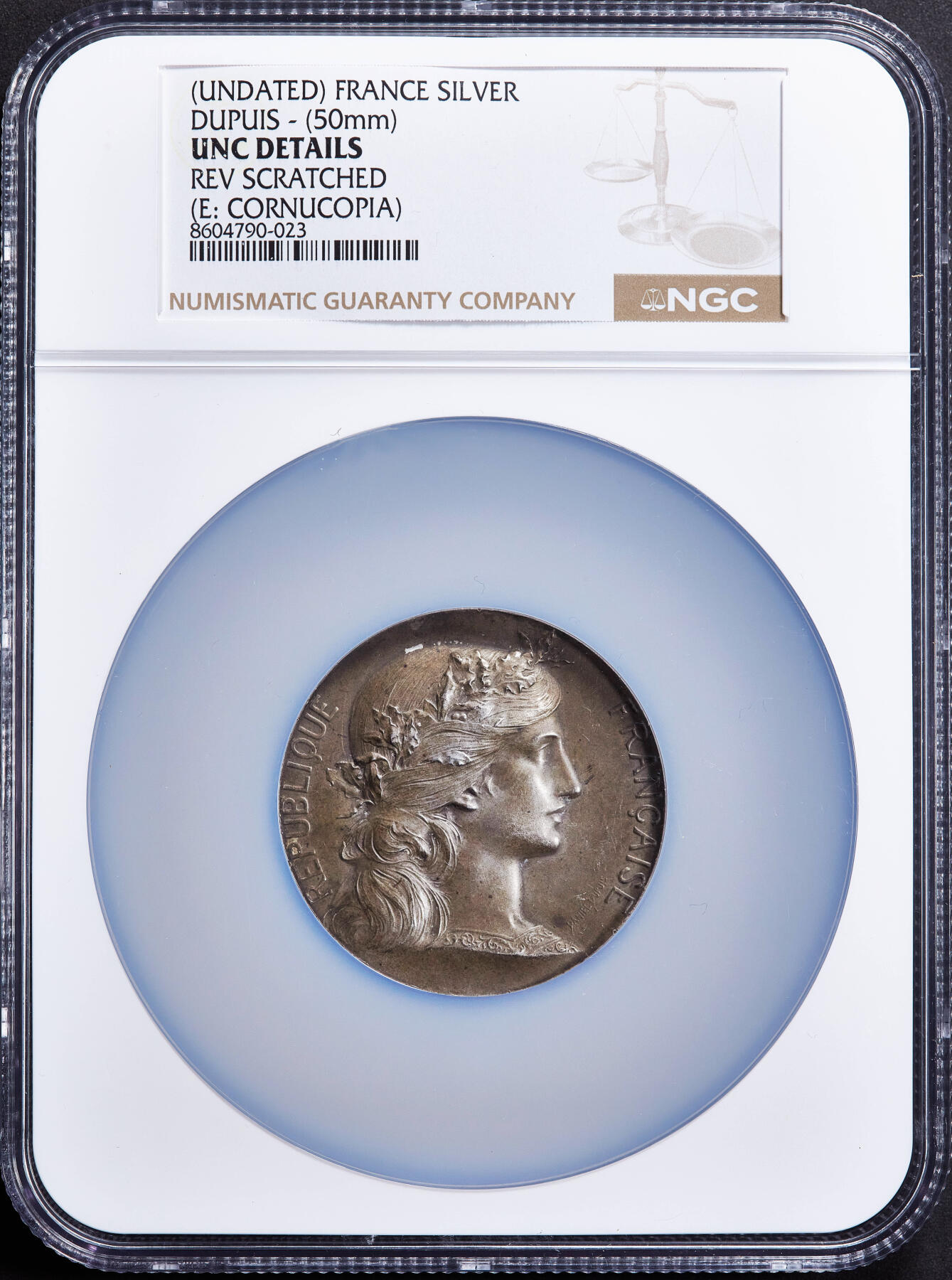 【俄甄集藏】2025年(045)12-03 星期三 晚 19:30 全场包邮 法国19世纪年玛丽安娜桂冠像战争部射击竞赛纪念大银章，NGC UNCD，直径：50mm，雕刻家杜皮斯名作，黄油酱彩老包浆