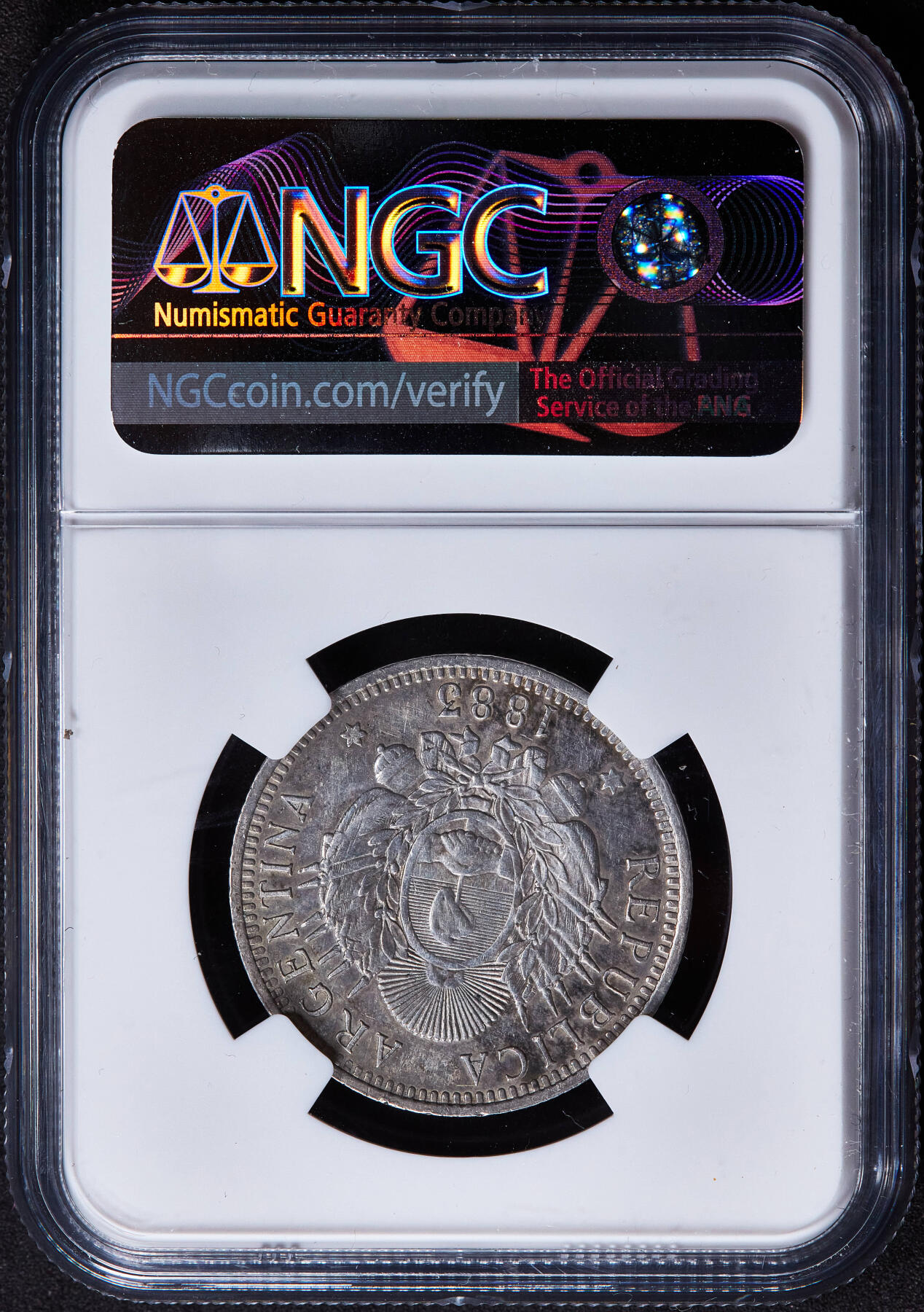 【俄甄集藏】2025年(045)12-03 星期三 晚 19:30 全场包邮 阿根廷1883年女神版50分银币，NGC XFD，黄油彩包浆