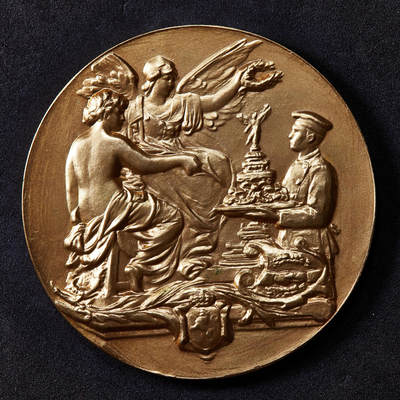 【俄甄集藏】2025年(045)12-03 星期三 晚 19:30 全场包邮 - 比利时19世纪纪念布鲁塞尔食品博览会镀金大铜章，设计精美，类精制底板，直径：60mm，重84.67克