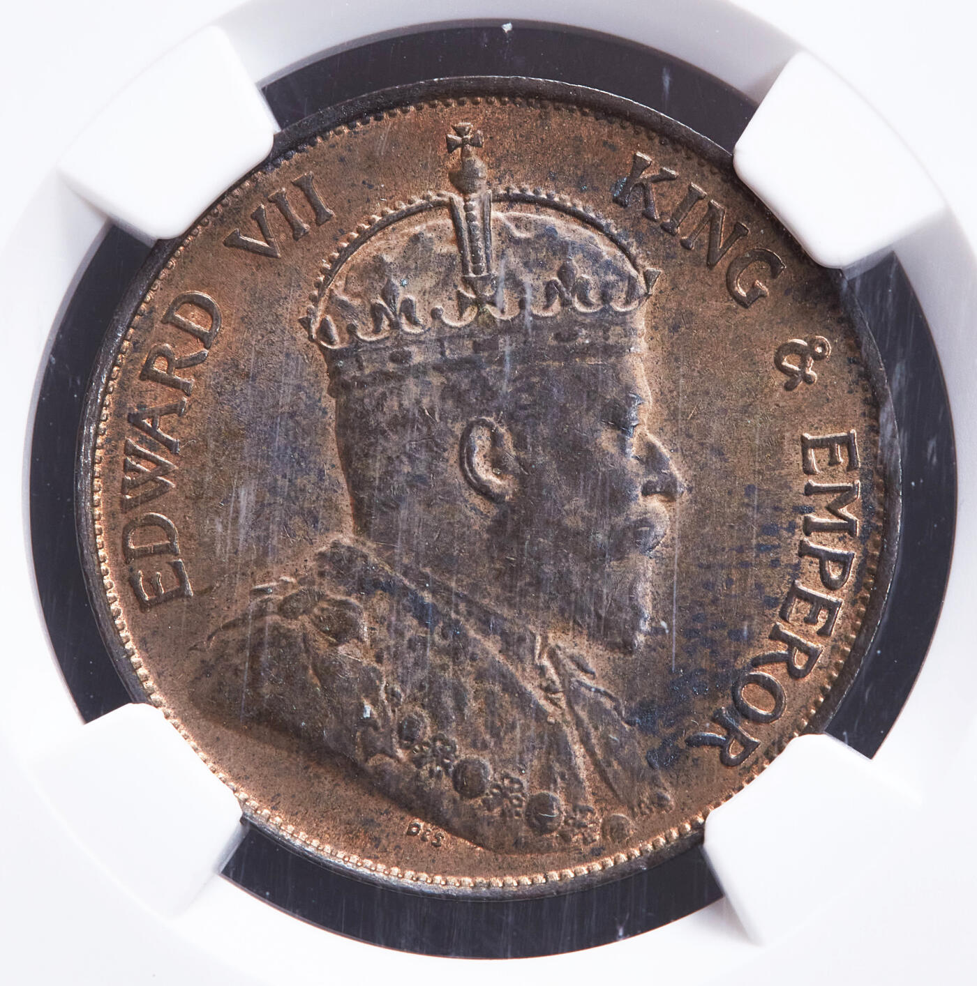 【俄甄集藏】2025年(045)12-03 星期三 晚 19:30 全场包邮 英属香港1904年爱德华七世H版大1分铜币，NGC MS61，巧克力包浆，底光犹存