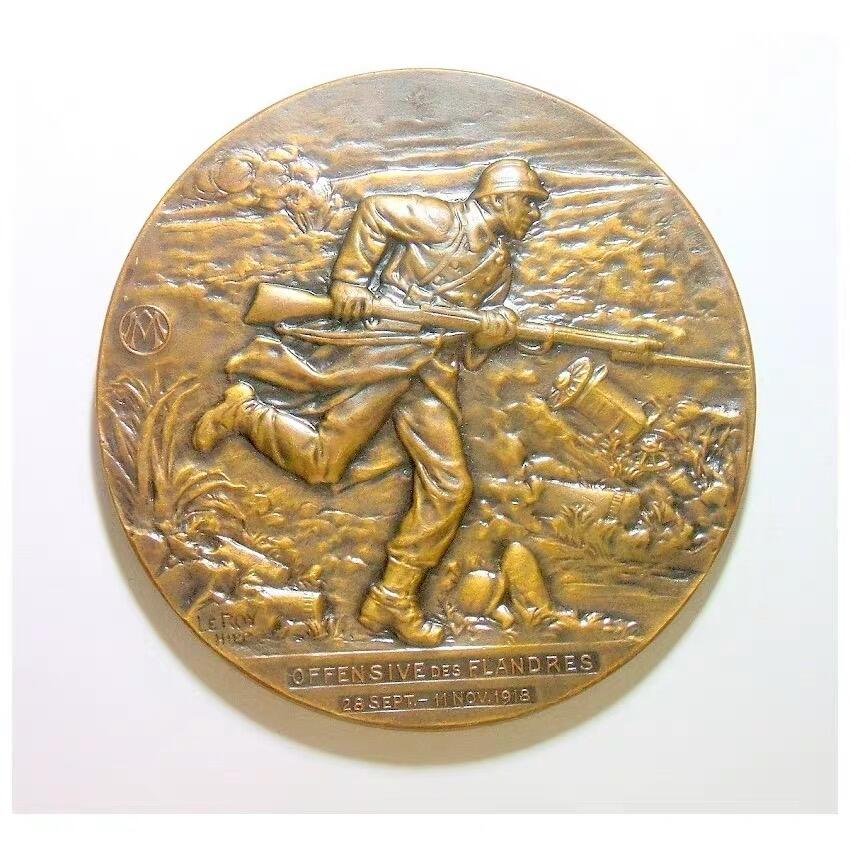 【艺术】比利时艺术大章 一战1918年弗兰德战役 国王骑马+士兵冲锋 高浮雕精制超大铜章 70MM 101克