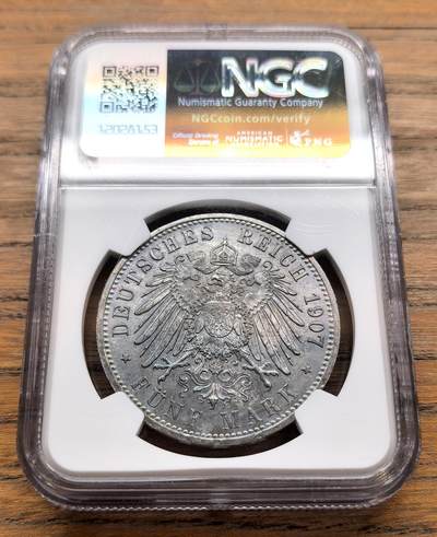 1907A德国普鲁士威廉二世5马克大银NGC-MS63
