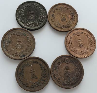 外国优质老铜币银币，周六九点倒数截拍，满百包邮，可寄存半年，喜欢朋友微信扫描二维码可直接参拍 - 日本明治十年（1877年）-明治十六年（1883年）二钱大铜币6枚