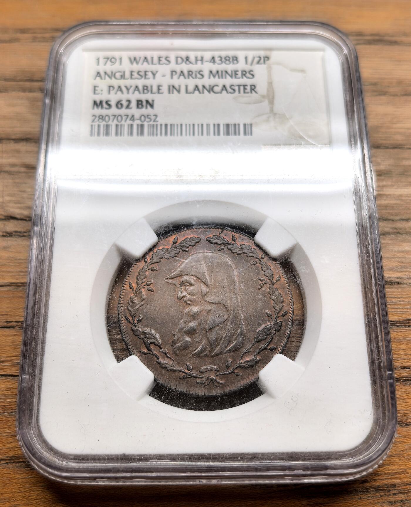 纫秋兰以为佩·凡希社微拍感恩专场 1791威尔士ANGELESEY矿业1/2便士token NGC-MS62，SOHO出品。