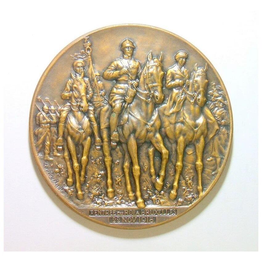 【艺术】比利时艺术大章 一战1918年弗兰德战役 国王骑马+士兵冲锋 高浮雕精制超大铜章 70MM 101克