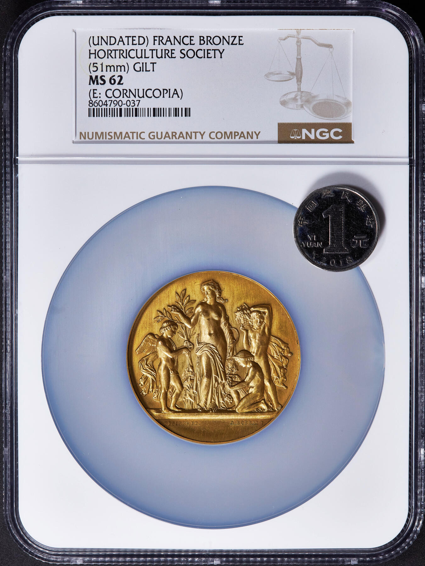 【俄甄集藏】2025年(045)12-03 星期三 晚 19:30 全场包邮 法国19世纪纪念勃艮第科特多瓦园艺协会镀金大铜章，NGC MS62，正面园艺女神与天使造像，金水足，直径：51mm，丰饶角铭，设计精美