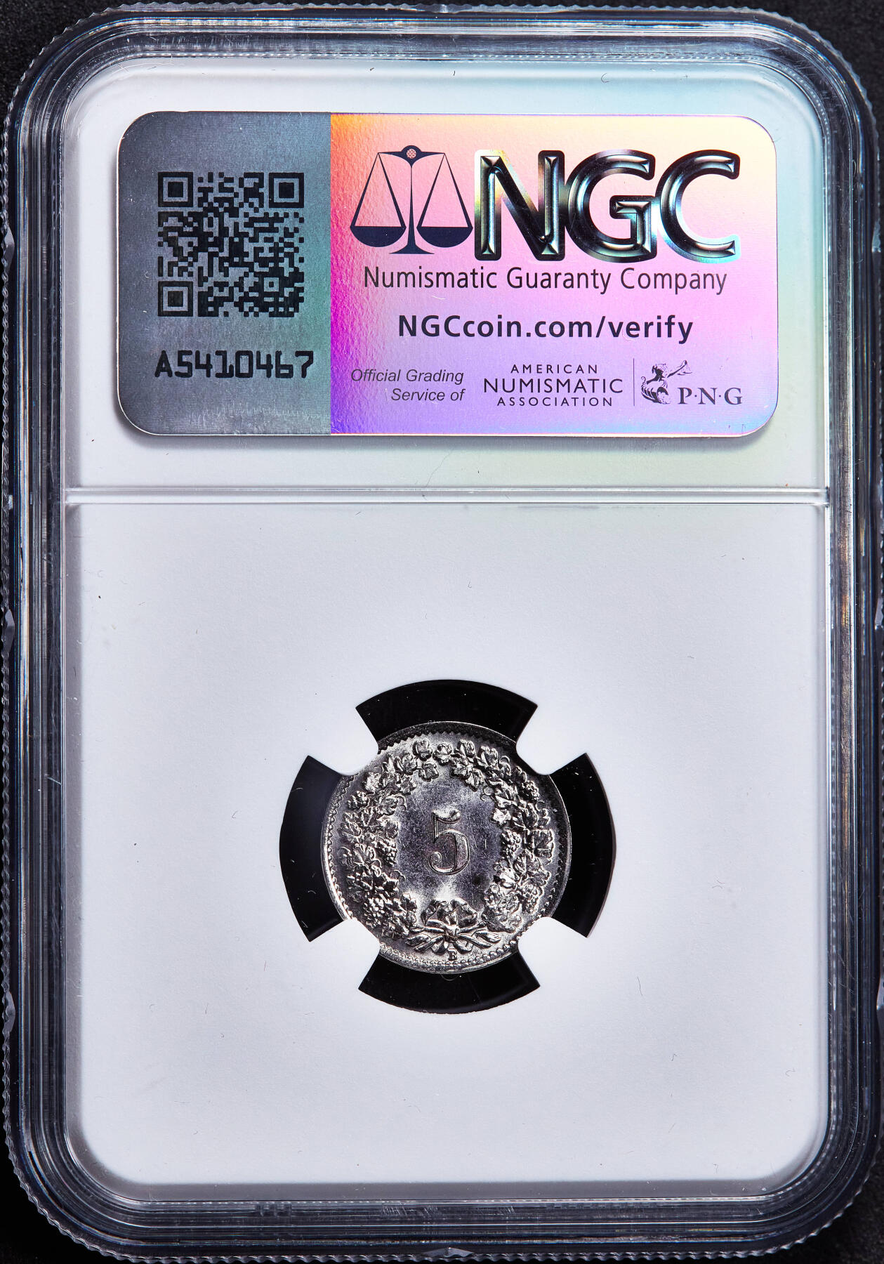 【俄甄集藏】2025年(045)12-03 星期三 晚 19:30 全场包邮 瑞士1939年B版5生丁镍币，NGC MS65，顶级转光