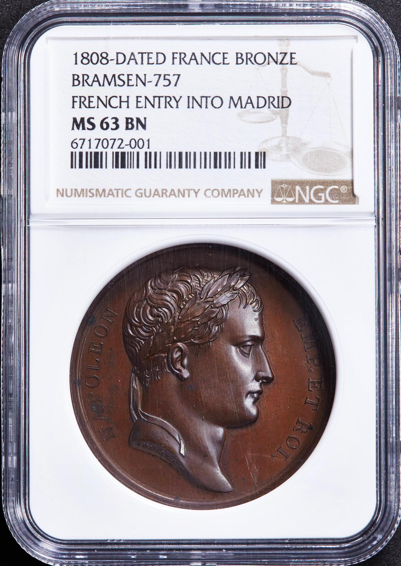 【俄甄集藏】2025年(045)12-03 星期三 晚 19:30 全场包邮 法国拿破仑帝国1808年纪念攻占西班牙马德里大铜章，NGC MS63，高浮雕，巧克力包浆，稀少品种，唯一亚军