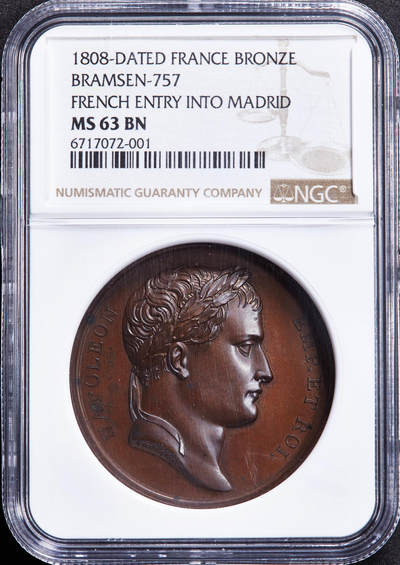 【俄甄集藏】2025年(045)12-03 星期三 晚 19:30 全场包邮 - 法国拿破仑帝国1808年纪念攻占西班牙马德里大铜章，NGC MS63，高浮雕，巧克力包浆，稀少品种，唯一亚军